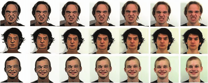 A collection of varied facial expressions illustrating the emotions of a man.