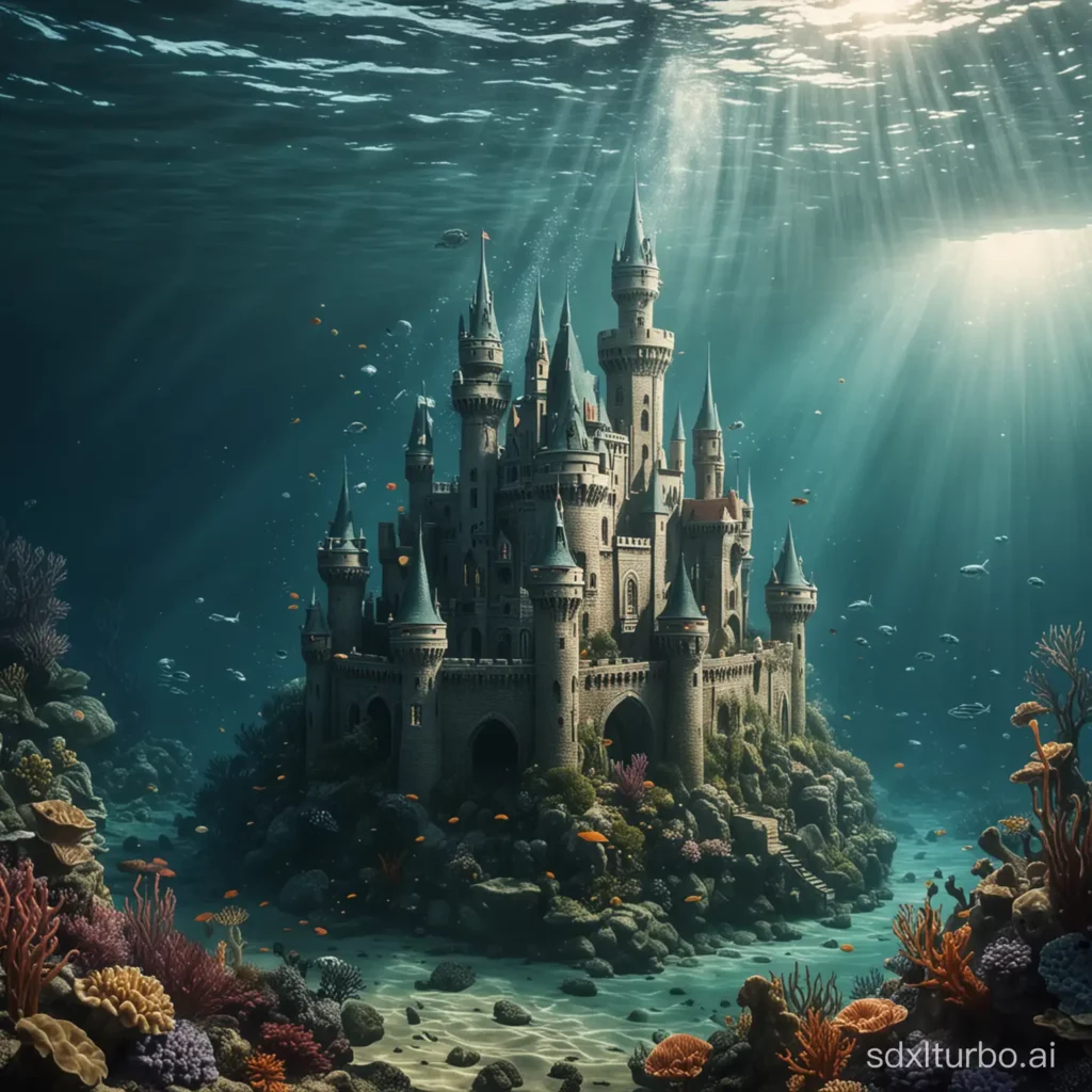 A 3D level design featuring a castle submerged in water.