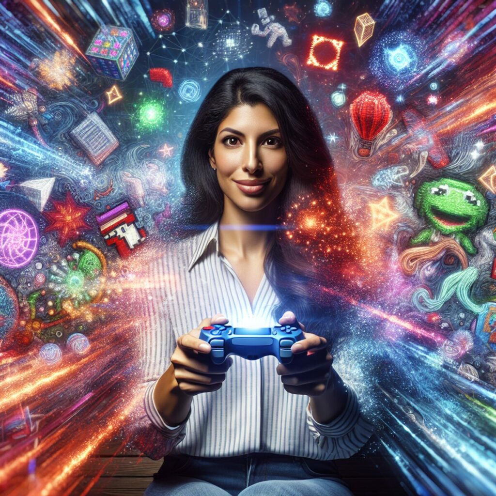 how to get into game design: : A  woman holding a game controller, fully immersed in a digital world amidst an energetic arcade atmosphere filled with multi-colored pixels representing digital game characters and elements swirling around her.