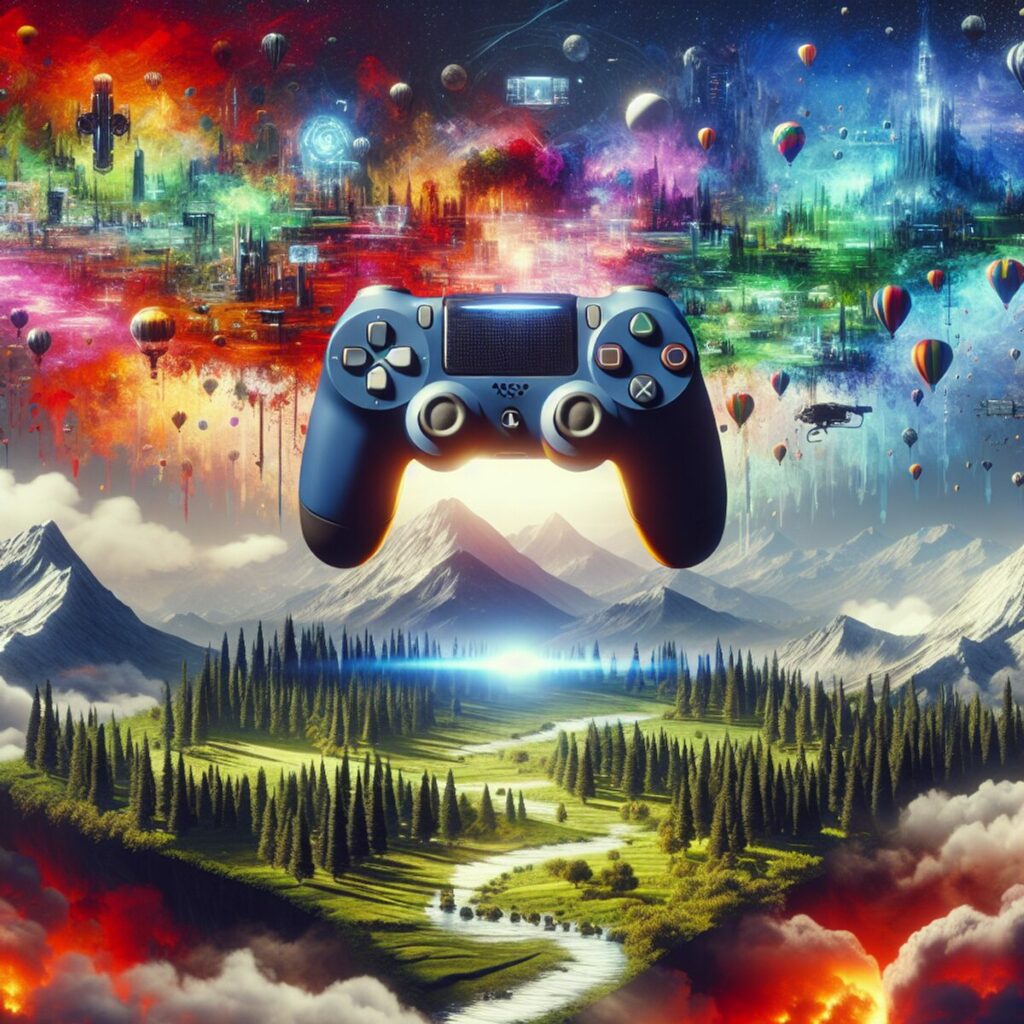 how to get into game design: : A game controller hovering above a colorful, diverse landscape.