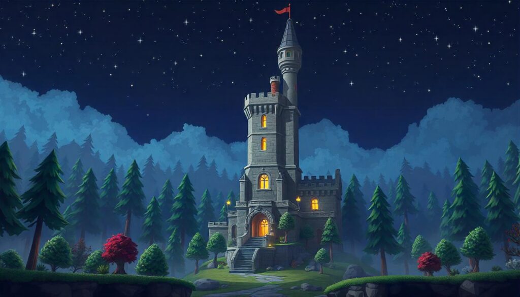 Level Design Mistakes: Low-poly open-world level with a tall castle tower landmark.
