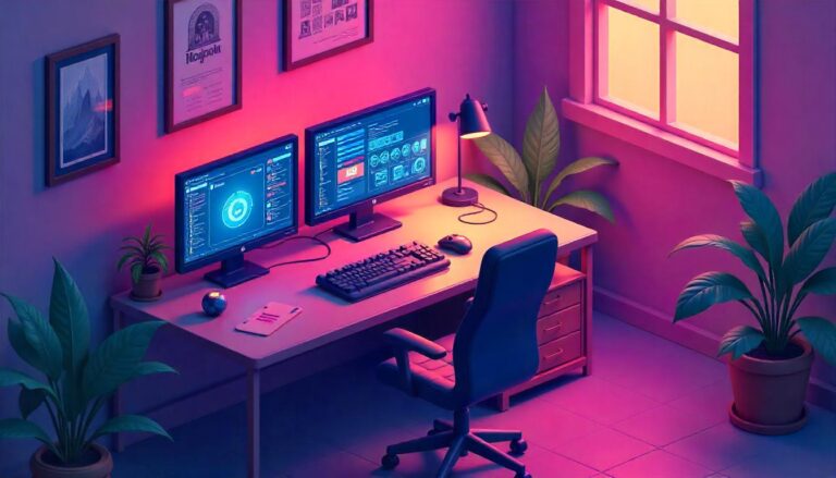 An isometric view of a game developer's workspace with holographic game design elements floating around monitors