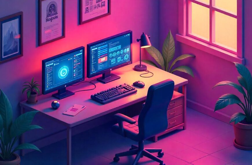 An isometric view of a game developer's workspace with holographic game design elements floating around monitors