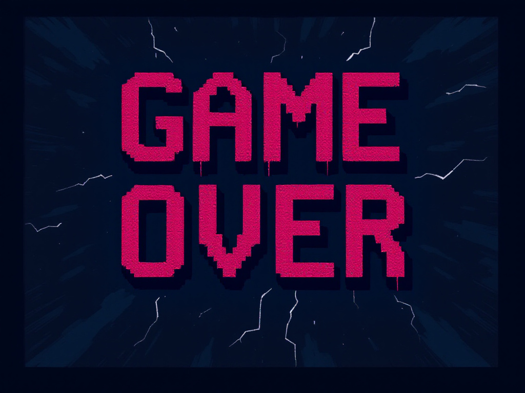 A stylized, dark, and moody image of a game over screen from an old arcade game.
