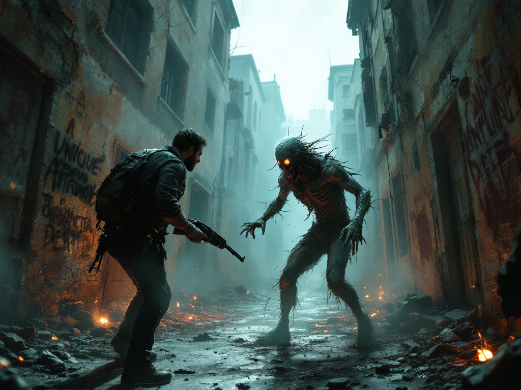 A detailed, narrative-driven image from a game like Zombie U, showing a player character facing off against their former character who has turned into a zombie. The words A Unique Approach to Character Death are integrated into the scene, perhaps appearing as graffiti on the walls or as part of the environment.