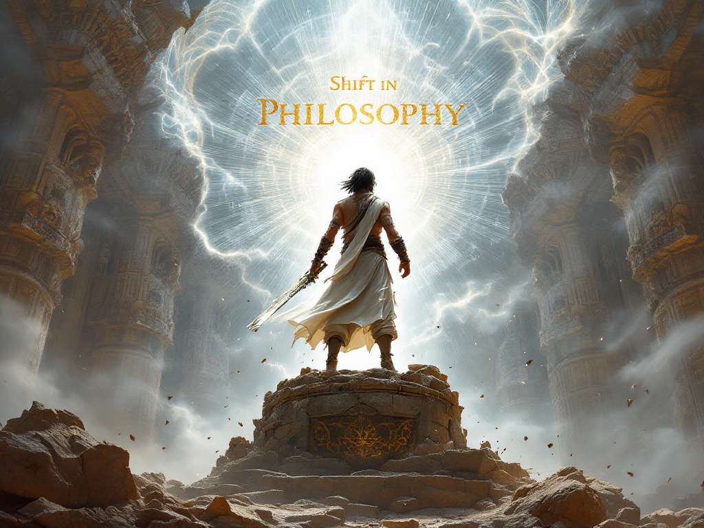 An epic, dramatic scene from a game like Prince of Persia, showcasing the main character using their time-rewinding ability. The words Shift in Philosophy are integrated into the environment, perhaps appearing as ancient text on the walls or as part of the magical effects.
