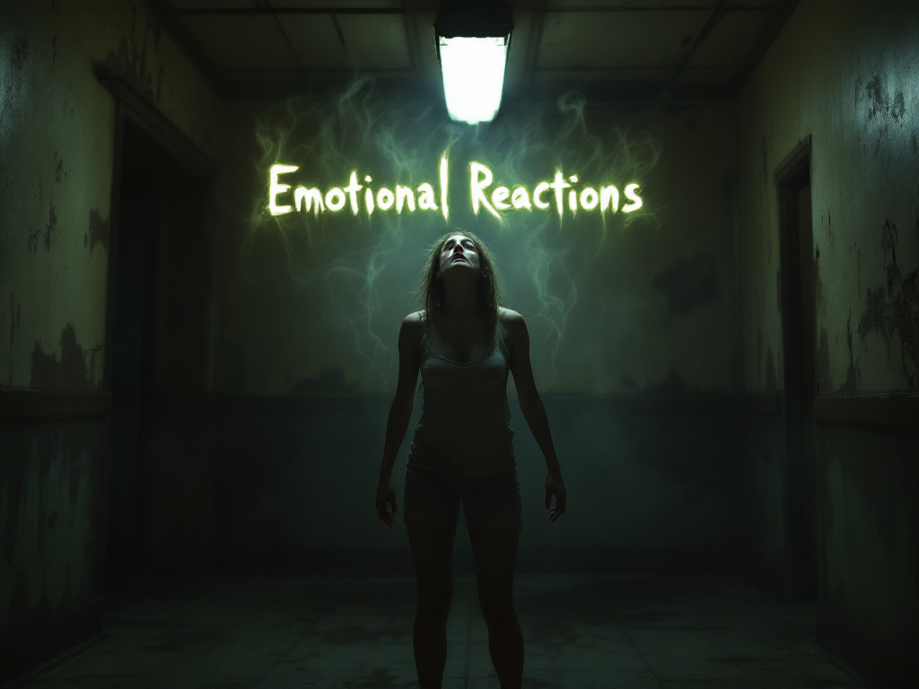 An eerie, atmospheric image depicting a character from a horror game like Until Dawn, standing in a dimly lit room with the words Emotional Reactions in eerie, ghostly letters floating around them.
