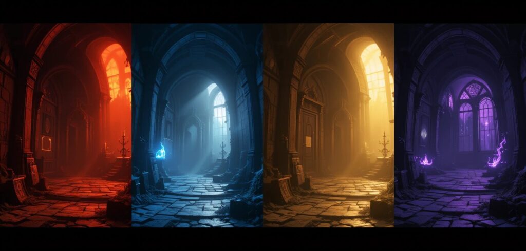 Game Environment Design: "Four versions of the same game corridor demonstrating different moods through color and lighting"
