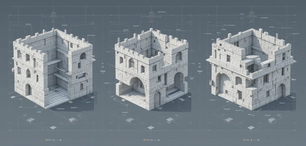 Game Environment Design: "Exploded view of modular building pieces and their various combinations"
