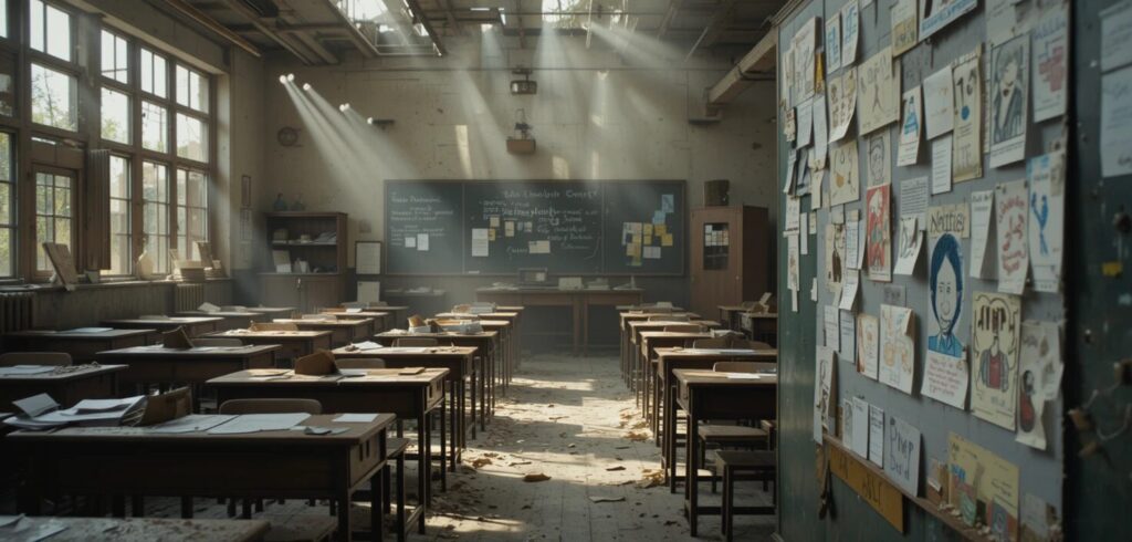 Game Environment Design: "Three-level zoom view of an abandoned classroom telling a story through environmental details"

