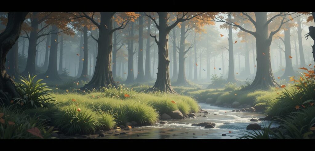 Game Environment Design: "Forest scene showcasing various subtle dynamic environmental elements"

